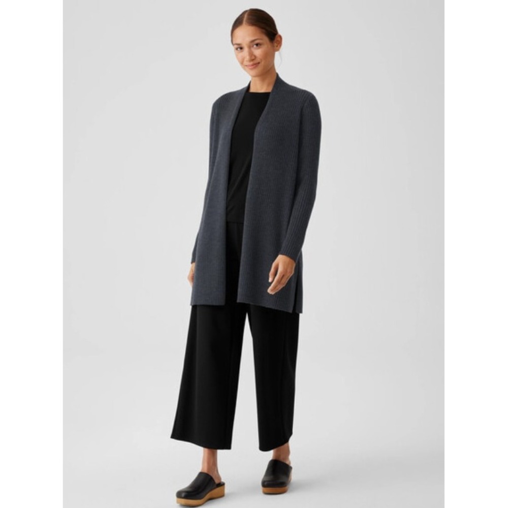 Eileen Fisher Merino Wool High Collar Cardigan Duster Black Ribbed M